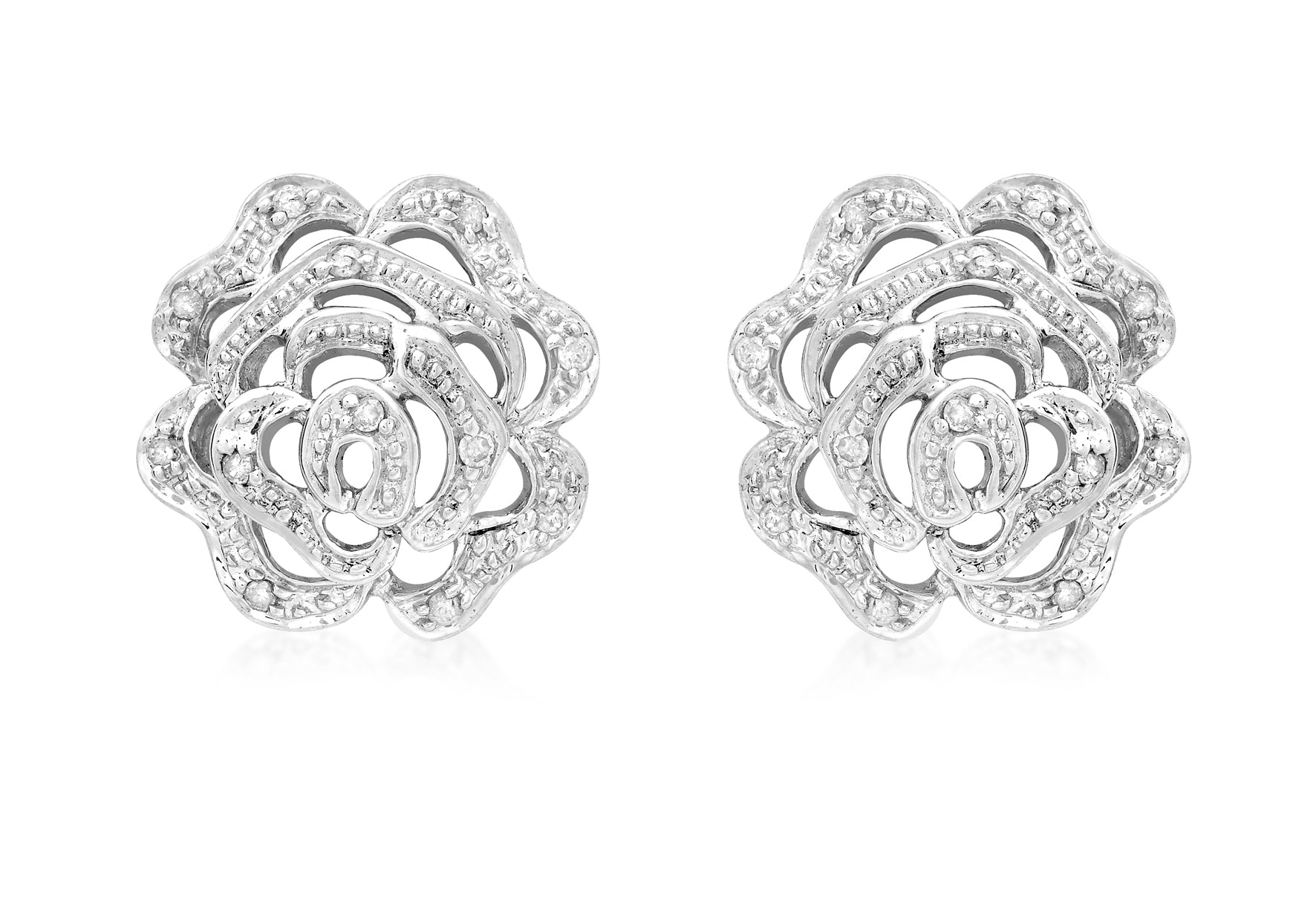 9ct White Gold 0.10ct Diamond Rose Stud Earrings
