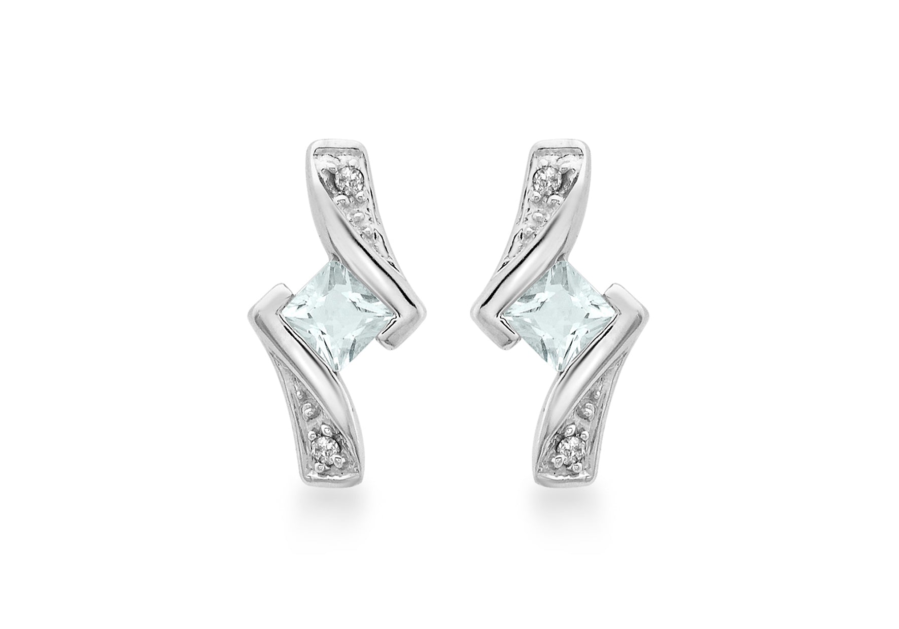 9ct White Gold 0.03t Diamond and Aquamarine Stud Earrings