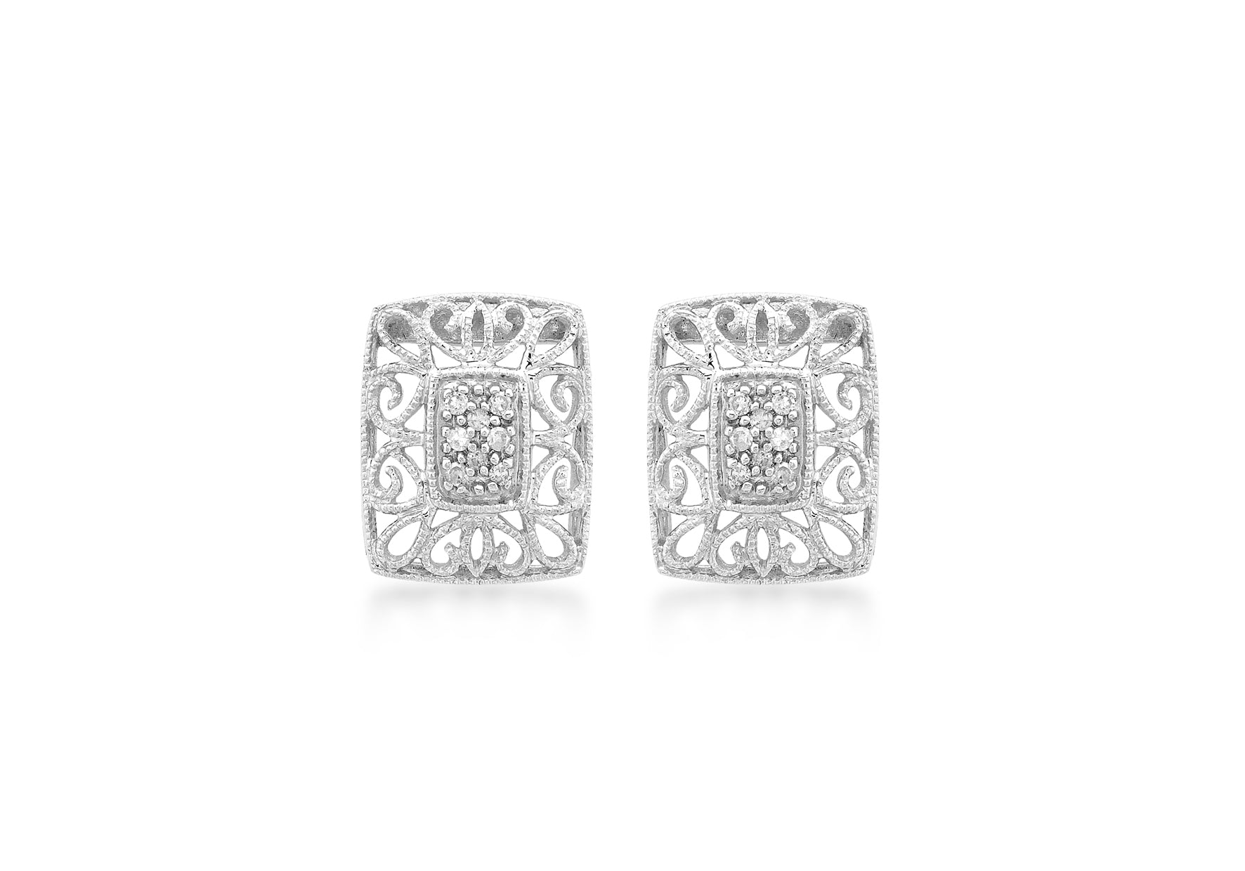 9ct White Gold 0.10ct Diamond Filigree 10mm x 13mm Retangle Stud Earrings