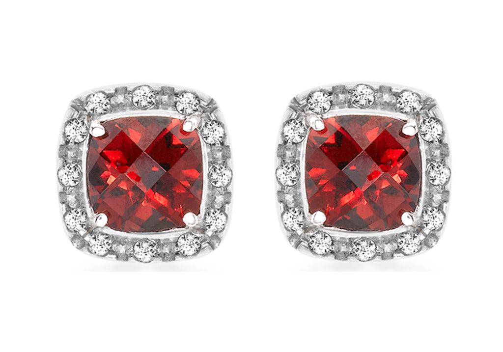 9ct White Gold 0.10ct Diamond and ushion Cut Garnet 8mm x 8mm Stud Earrings