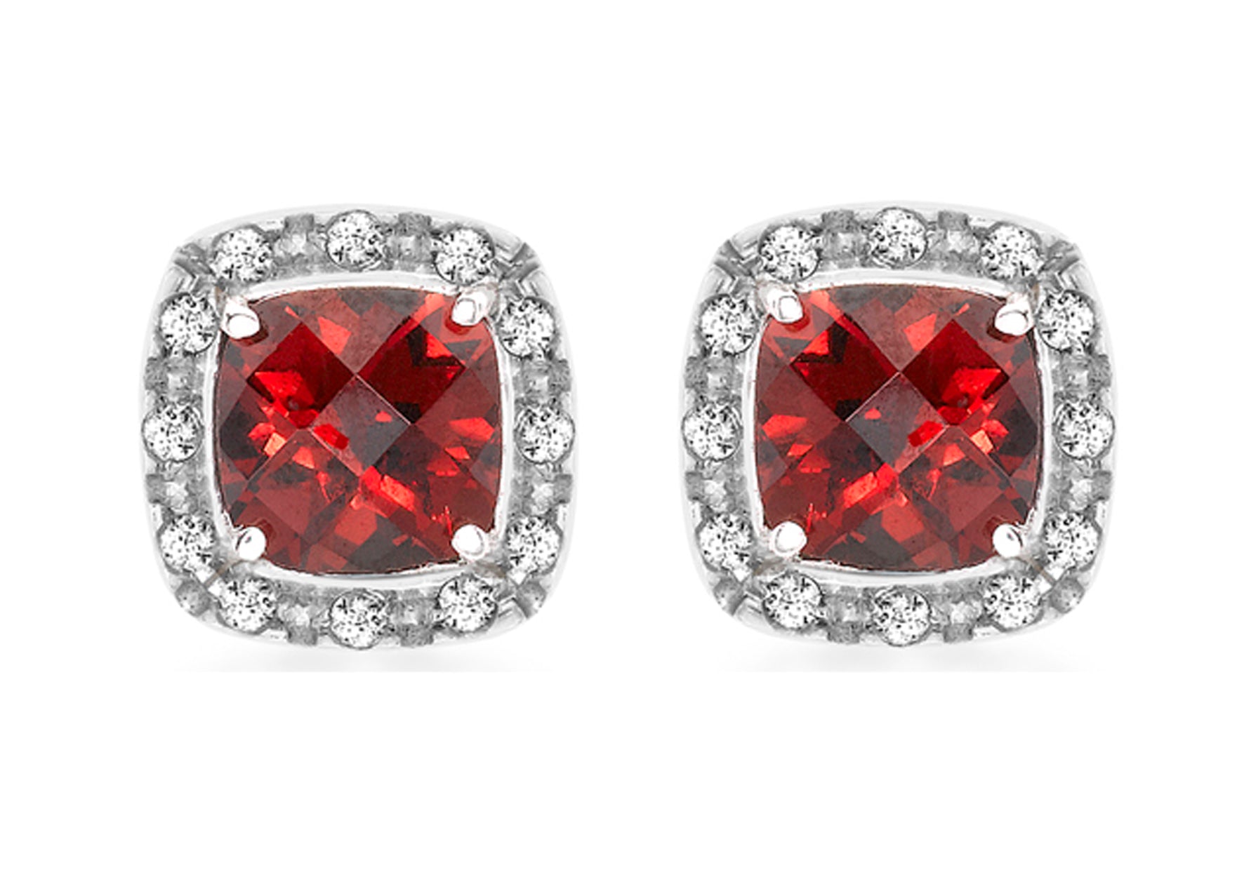 9ct White Gold 0.10ct Diamond and ushion Cut Garnet 8mm x 8mm Stud Earrings