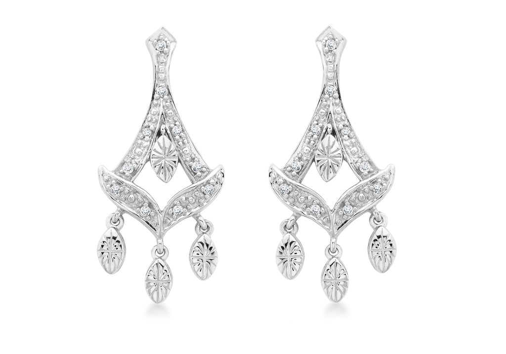 9ct White Gold 0.11t Diamond 12mm x 22mm handelier Drop Earrings