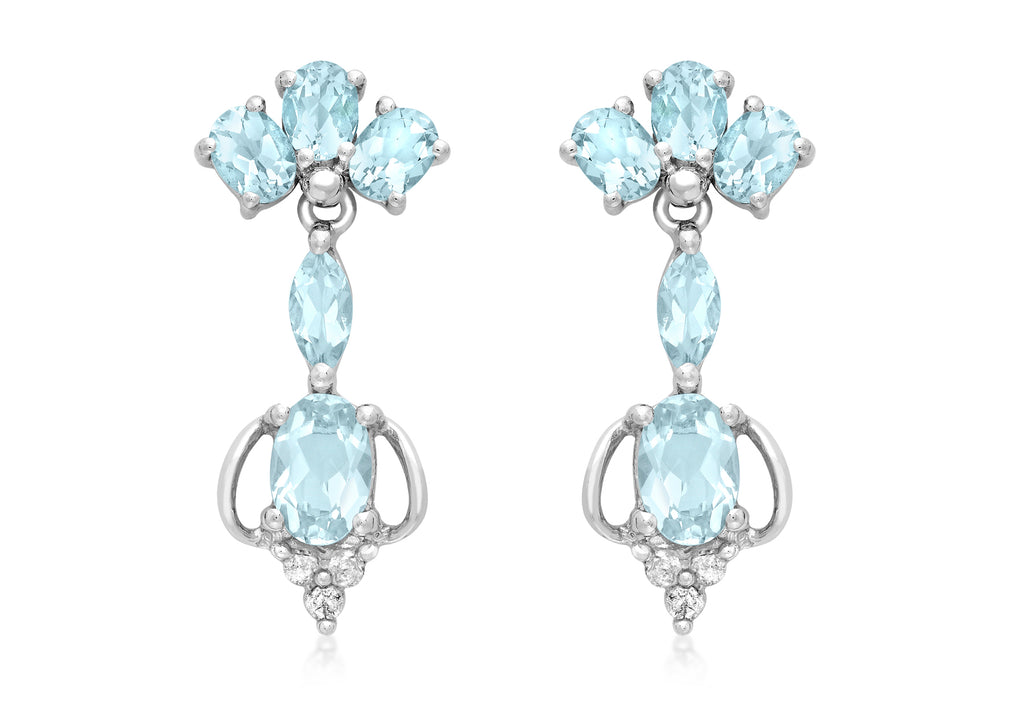 9ct White Gold 0.09ct Diamond and Blue Topaz Ornate Drop Earrings
