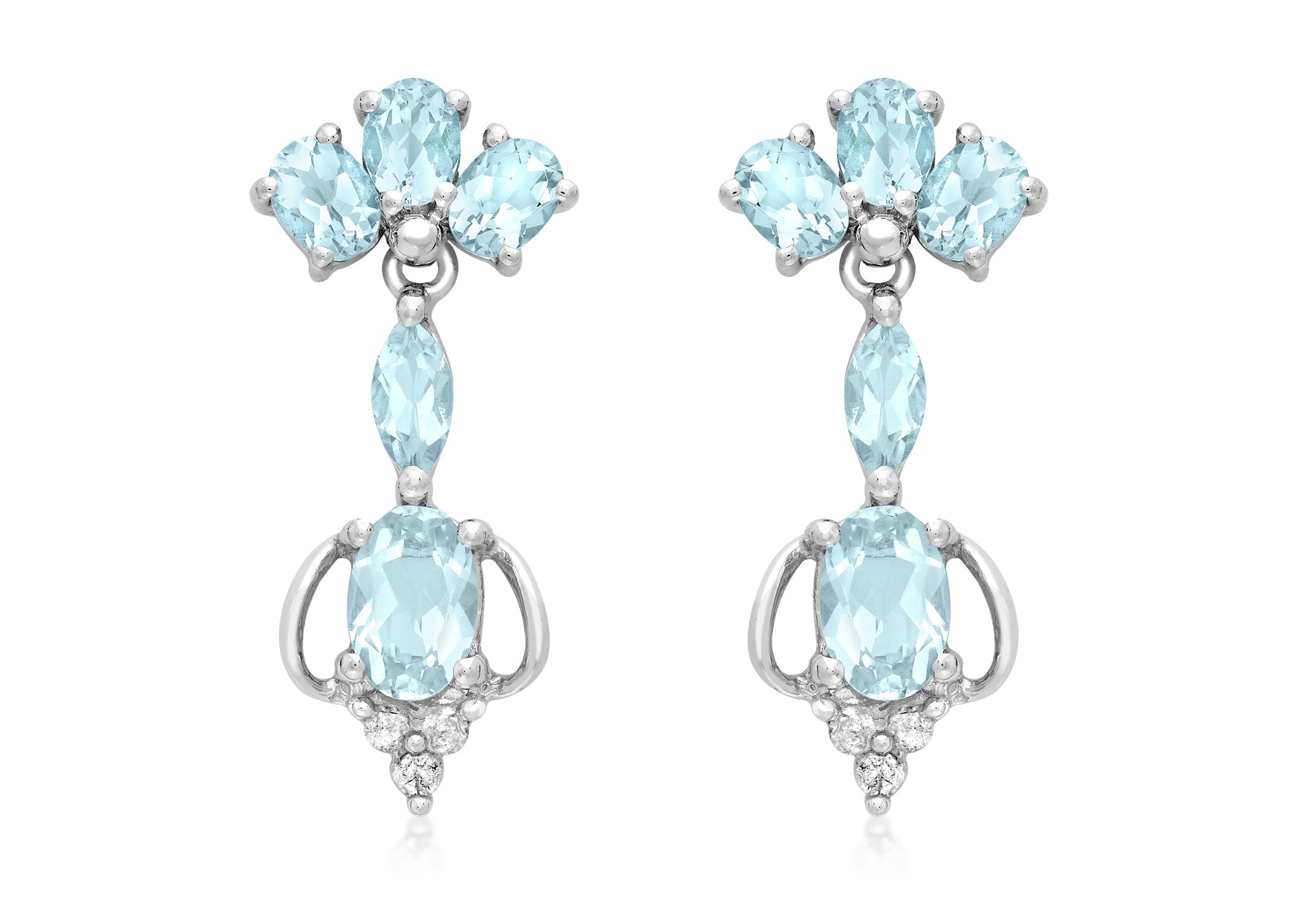 9ct White Gold 0.09ct Diamond and Blue Topaz Ornate Drop Earrings