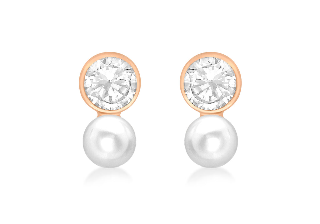 9ct Rose Gold Zirconia  and Pearl Drop 5mm x 10mm Stud Earrings