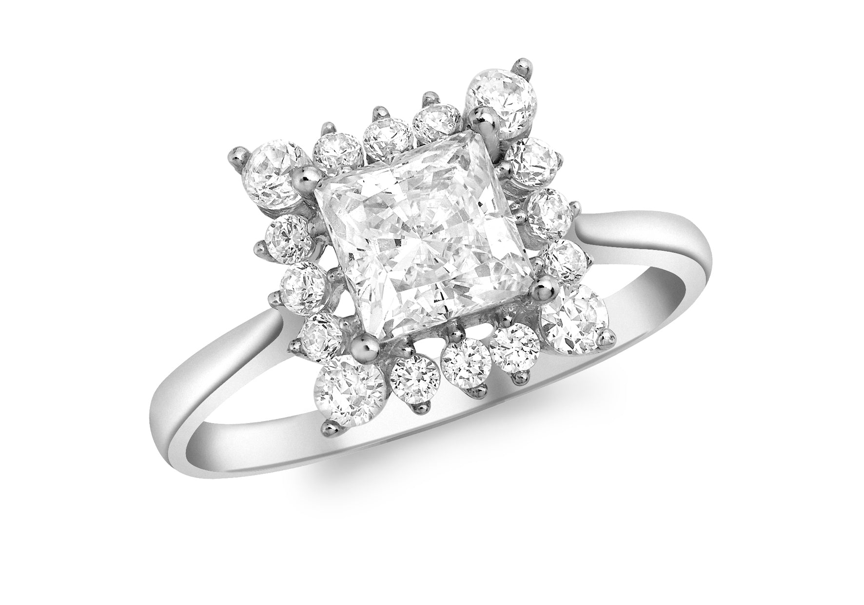 9ct White Gold Princess Cut Zirconia  with Surrounding Round Zirconia  Ring