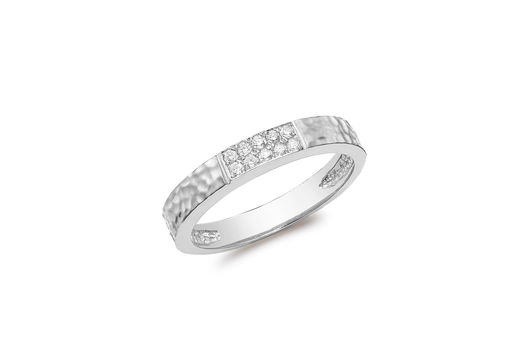 9ct White Gold 0.10ct Diamond Paved Hammered Band Ring