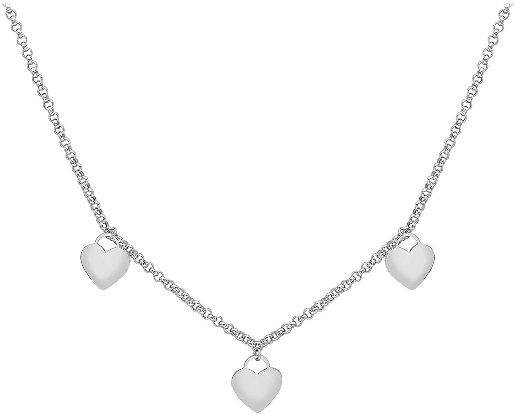9ct White Gold Triple-Heart Round Belcher Chain Necklace
