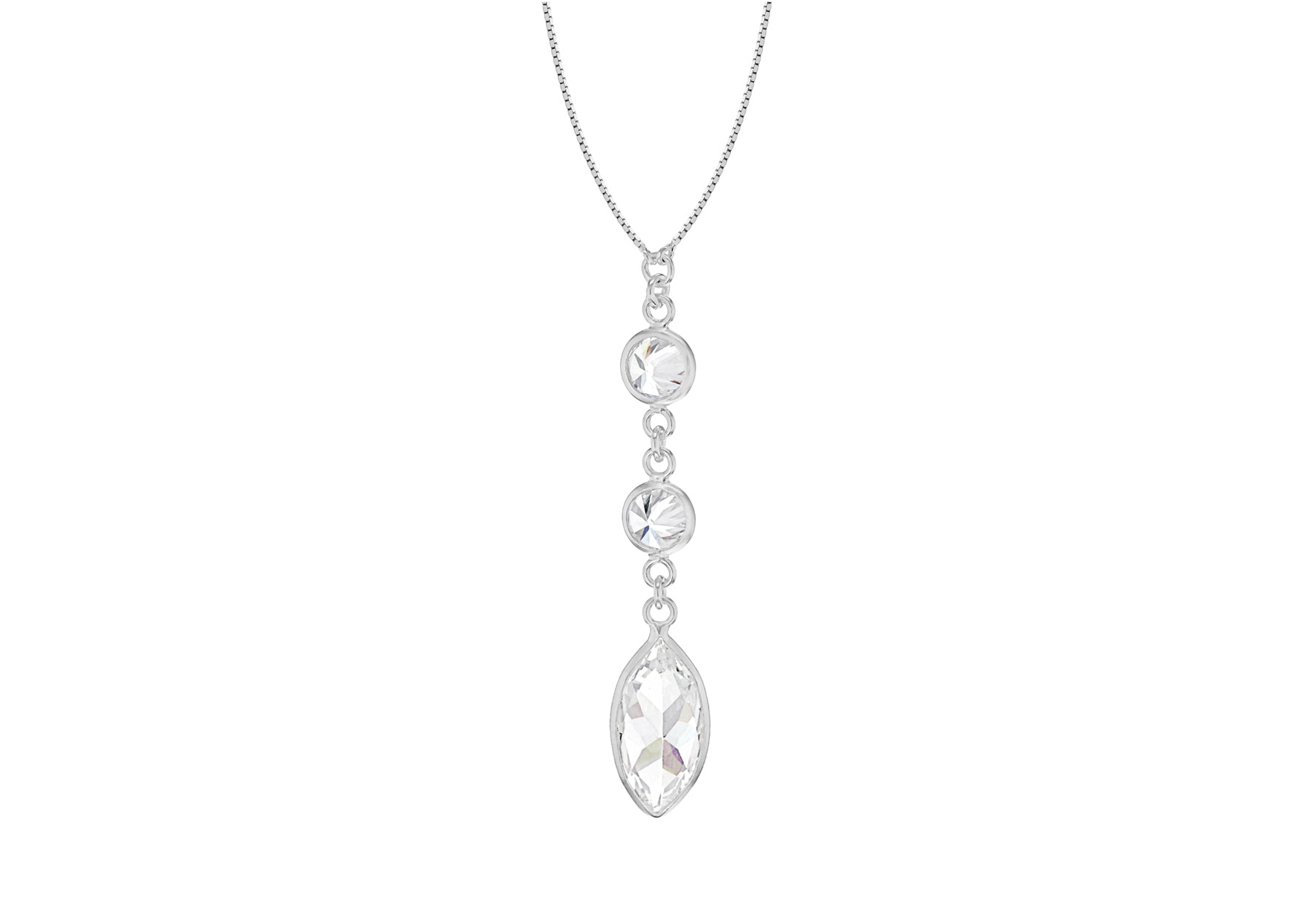 Sterling Silver Triple Zirconia  Stone Set Drop Necklace