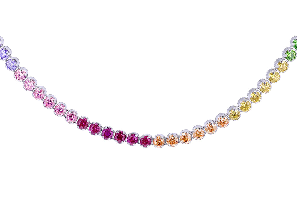Sterling Silver Rhodium Plated Rainbow Zirconia Tennis Necklace