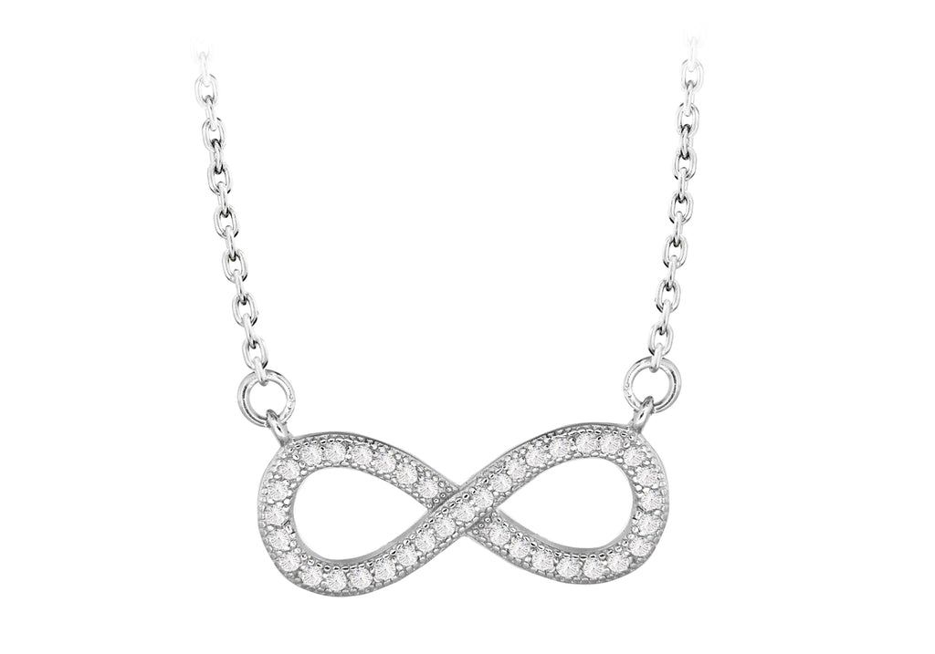 Sterling Silver Rhodium Plated Zirconia  20mm x 9mm Infinity Adjustable Necklace  42m/16.5"-44.5m/17.5"9