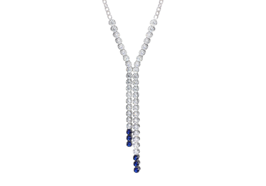 Sterling Silver Rhodium Plated Blue and White Zirconia  Drop Necklet 46m/18"9