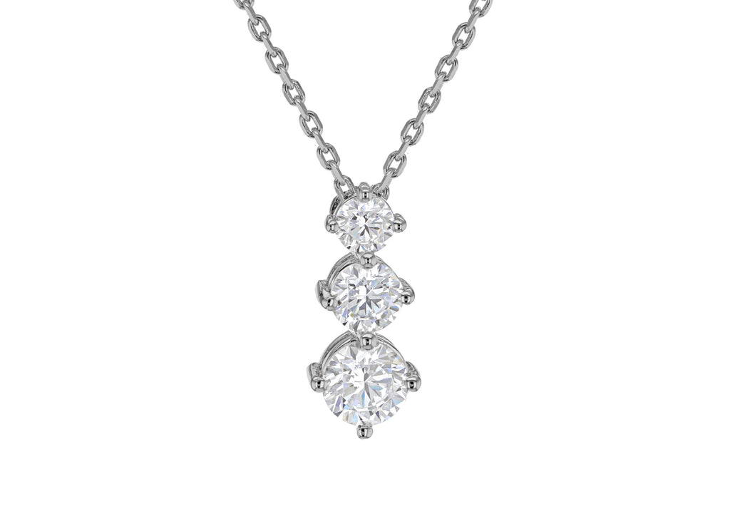 Sterling Silver Rhodium Plated Graduated Trilogy Zirconia  8mm x 18mm Pendant on Adjustable Chain Necklace  39.5m/15.5"-42m/16.5"9