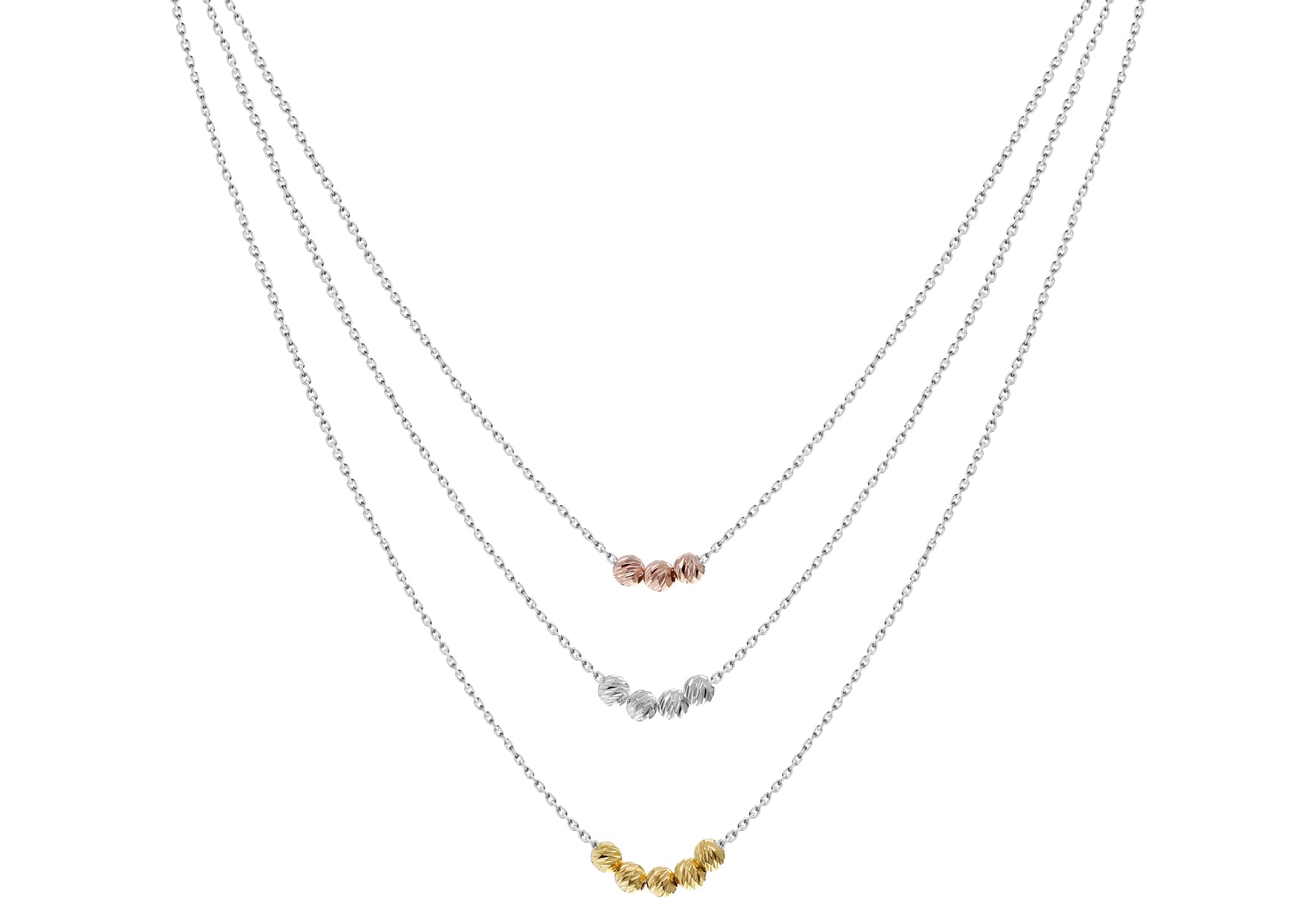 Sterling Silver 3-Tone Graduated Diamond Cut Ball Necklace  46m/18"9