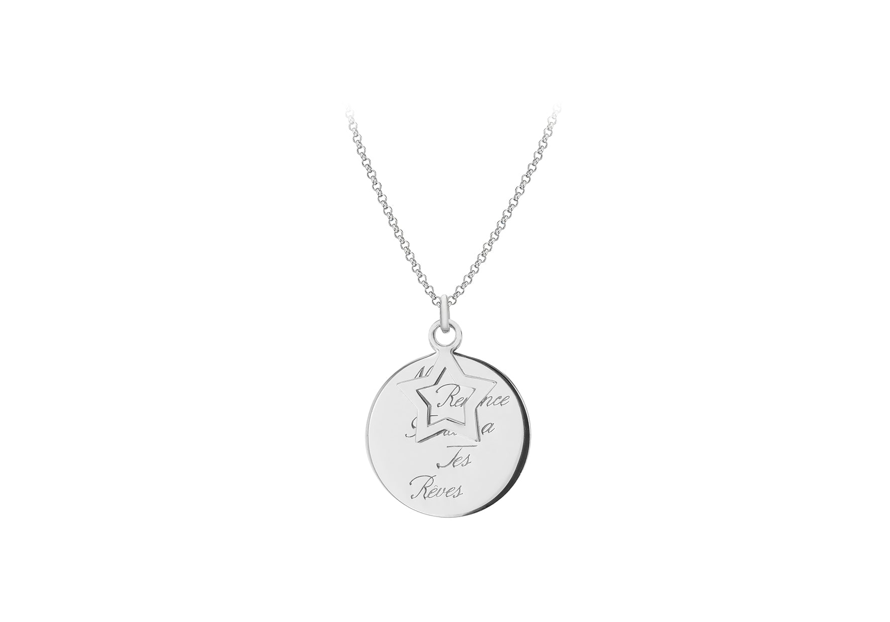 Sterling Silver Star & 'Ne Renone Jamais a Tes Reves' Disc Necklace  46m/18"9