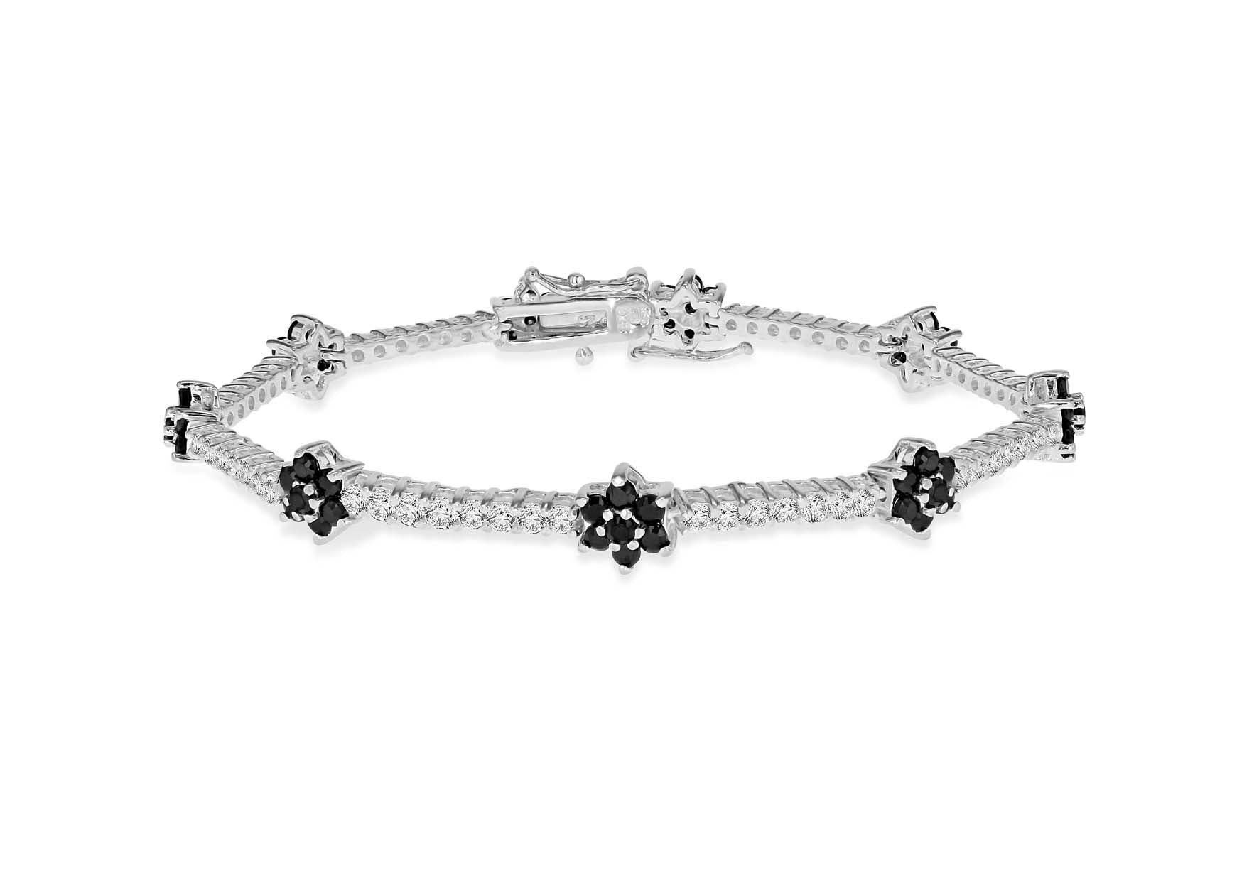 Sterling Silver Zirconia  Black Flower Tennis Bracelet 18m/7"9