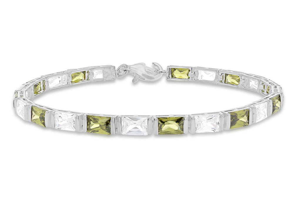 Sterling Silver White and Green Baguette Cut Zirconia Bracelet 