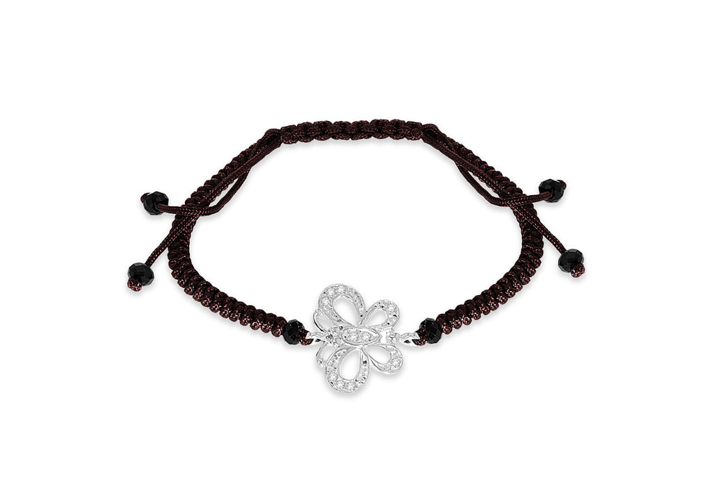 Sterling Silver Zirconia Butterfly on Brown Cotton Adjustable Bracelet 