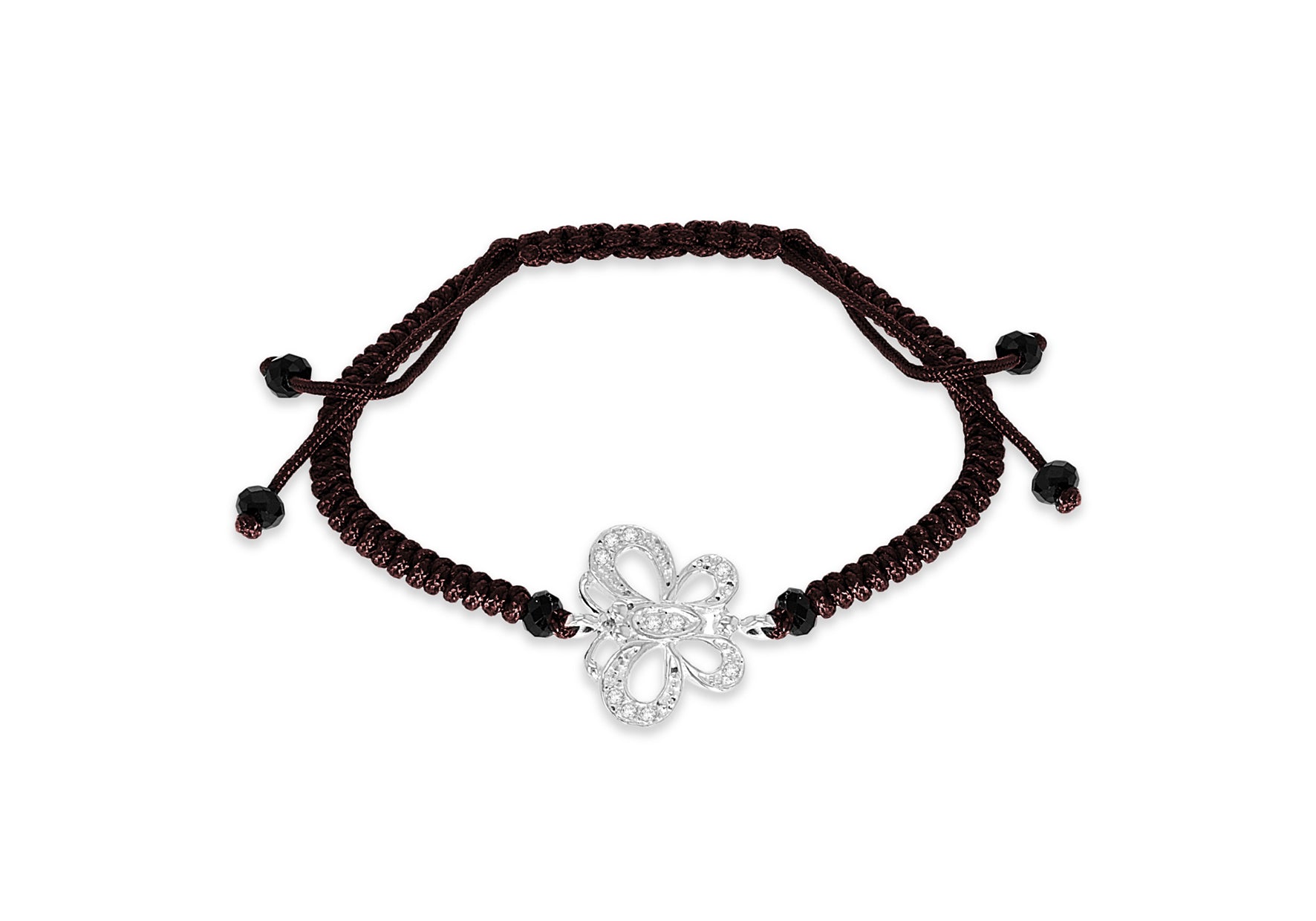 Sterling Silver Zirconia Butterfly on Brown Cotton Adjustable Bracelet 