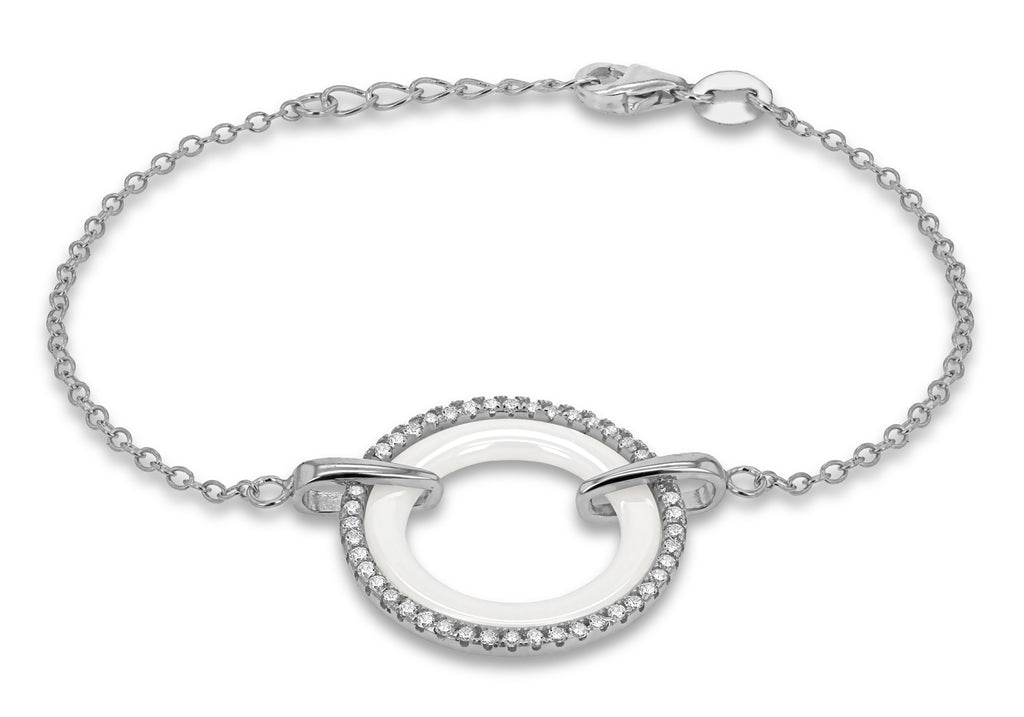 Sterling Silver Rhodium Plated Pave Set Zirconia  and White Ring Bracelet 18m/7"9