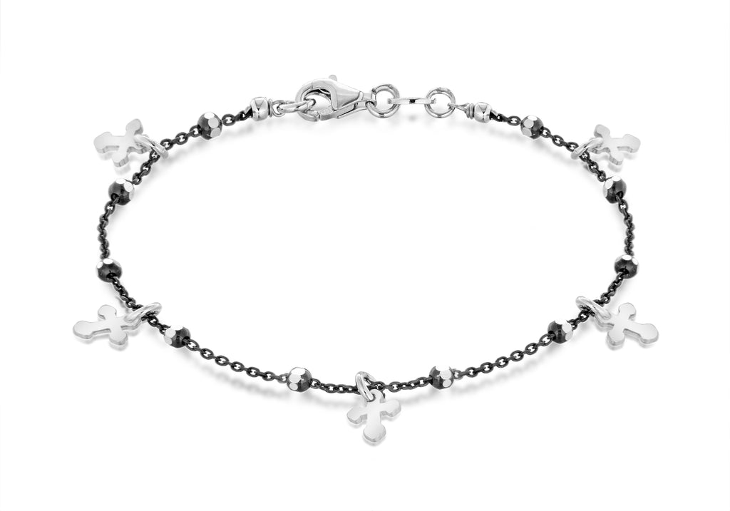 Sterling Silver Cross and Balls Black Chain Bracelet 19m/7.5"9