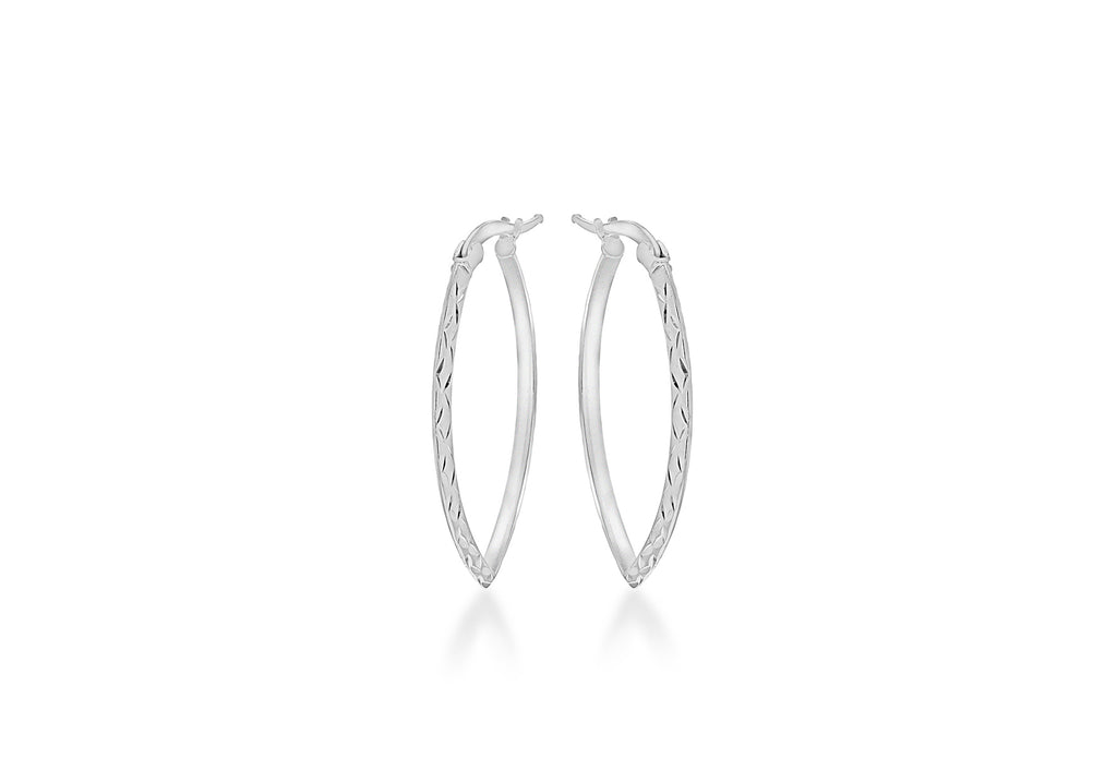 Sterling Silver Rhodium Plated Diamond Cut Elliptical Creole Earrings