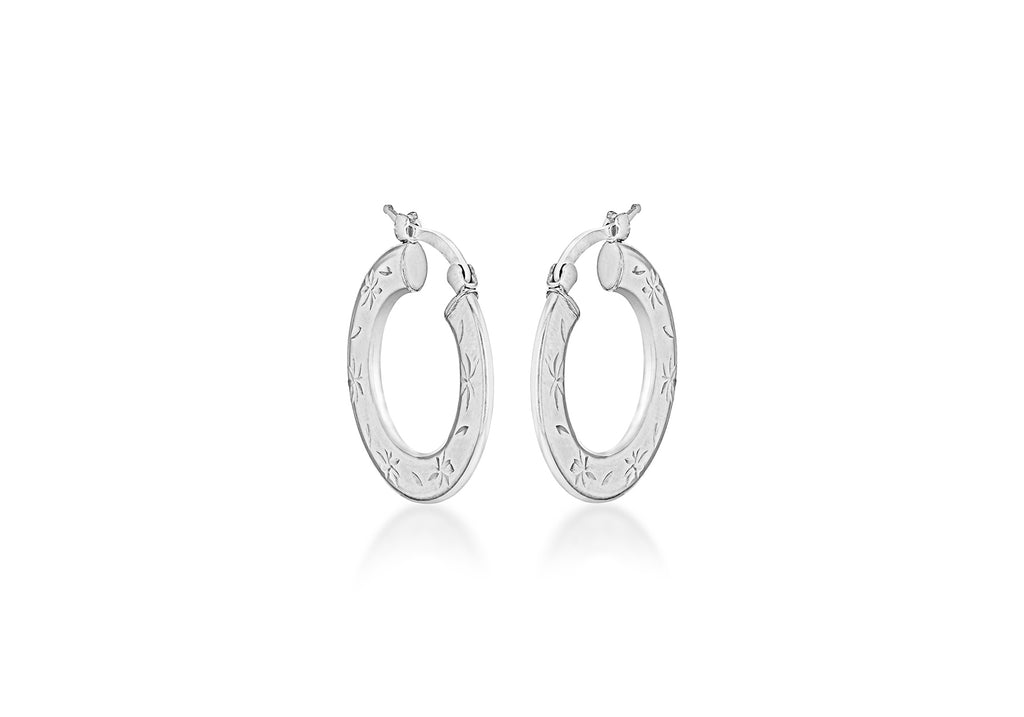 Sterling Silver Rhodium Plated Diamond Cut 25.6mm Floral Creole Earrings