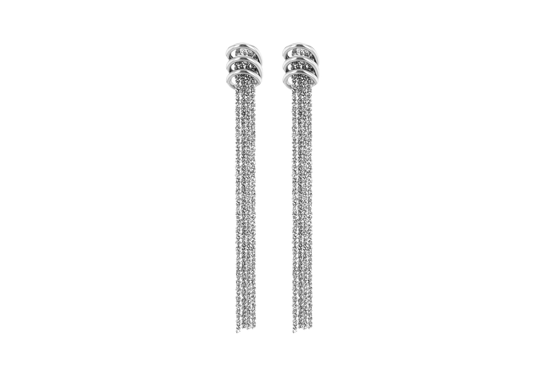 Sterling Silver Rhodium Plated 4-Strand Toale Chain and Rings Drop Earrings