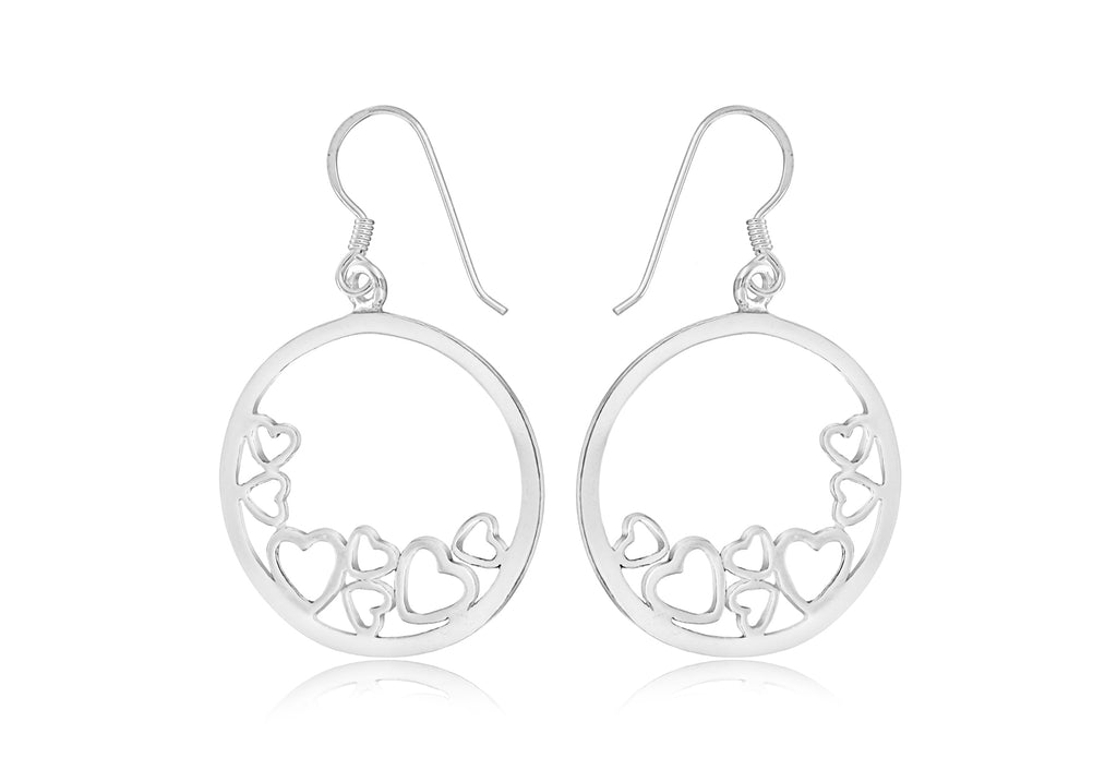 Sterling Silver Hearts-In-Circle Drop Earrings