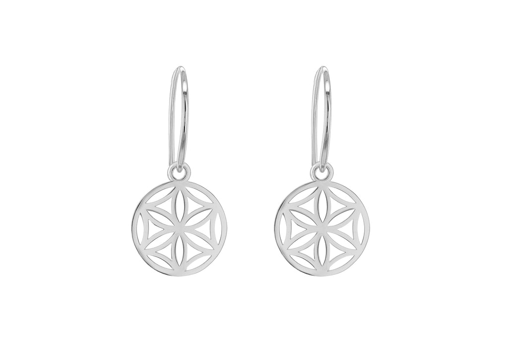 Sterling Silver Rhodium Plated Daisy Disc Design Drop Earrings