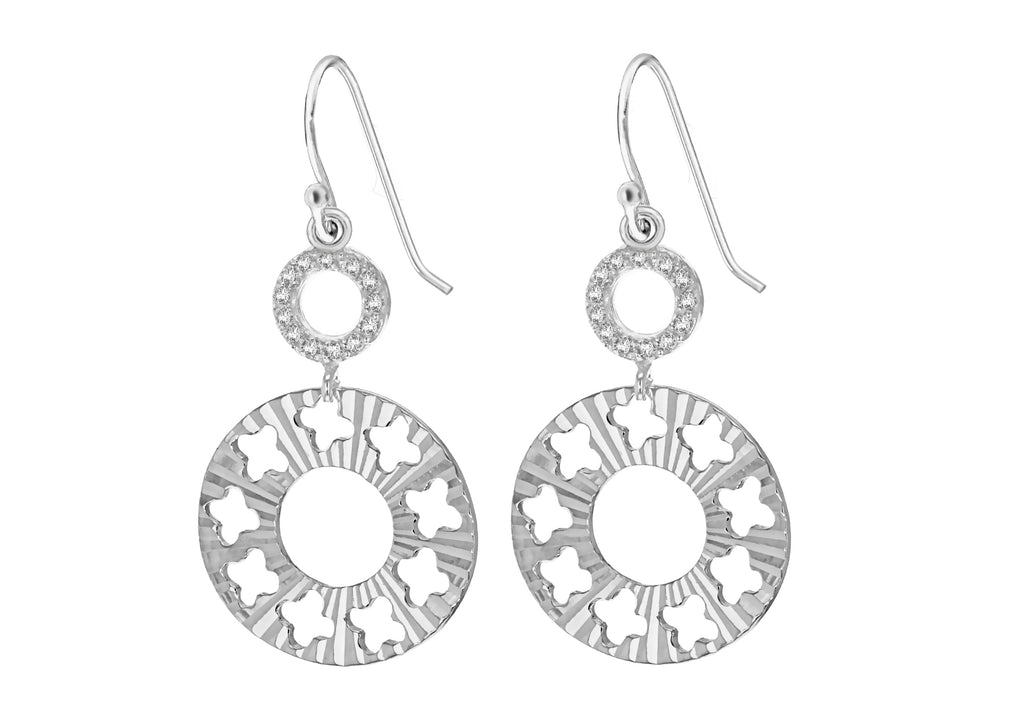 Sterling Silver Diamond Cut Zirconia  Disc Drop Earrings