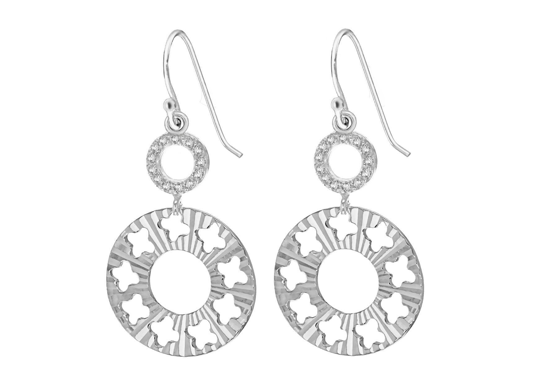 Sterling Silver Diamond Cut Zirconia  Disc Drop Earrings