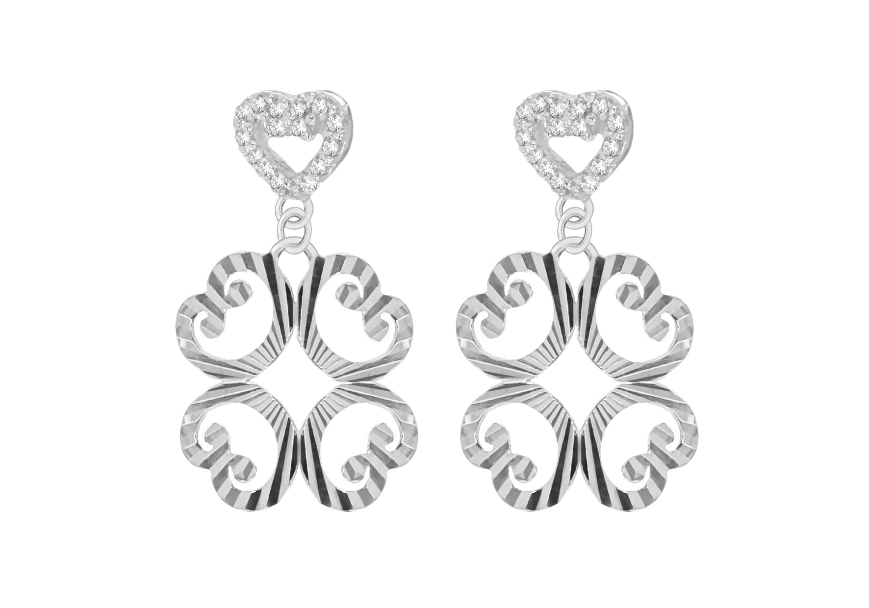 Sterling Silver Diamond Cut Zirconia  Heart Flower Drop Earrings