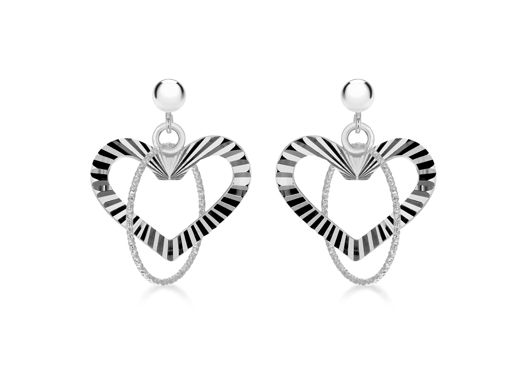 Sterling Silver Diamond Cut Open-Heart and Ring Drop Earrings