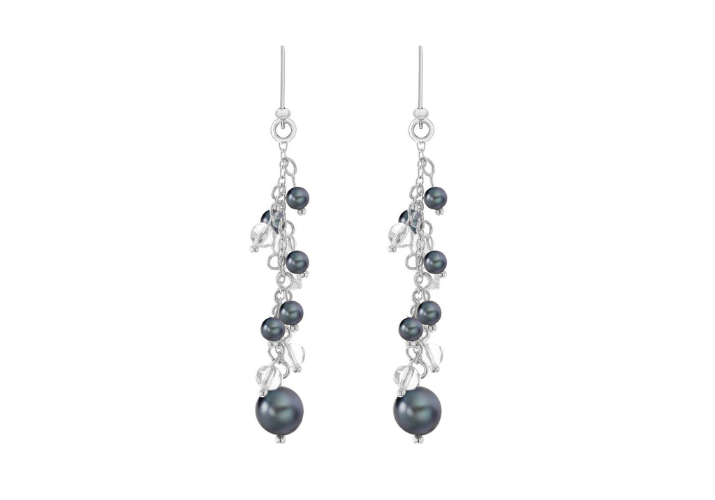 Sterling Silver Grey Pearl and Crystal Cluster Drop Earrings