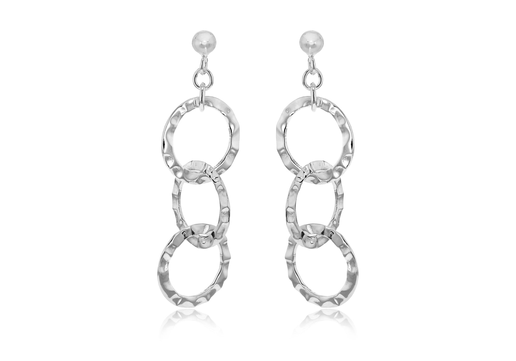 Sterling Silver Tri-Ring Hammered Drop Earrings 