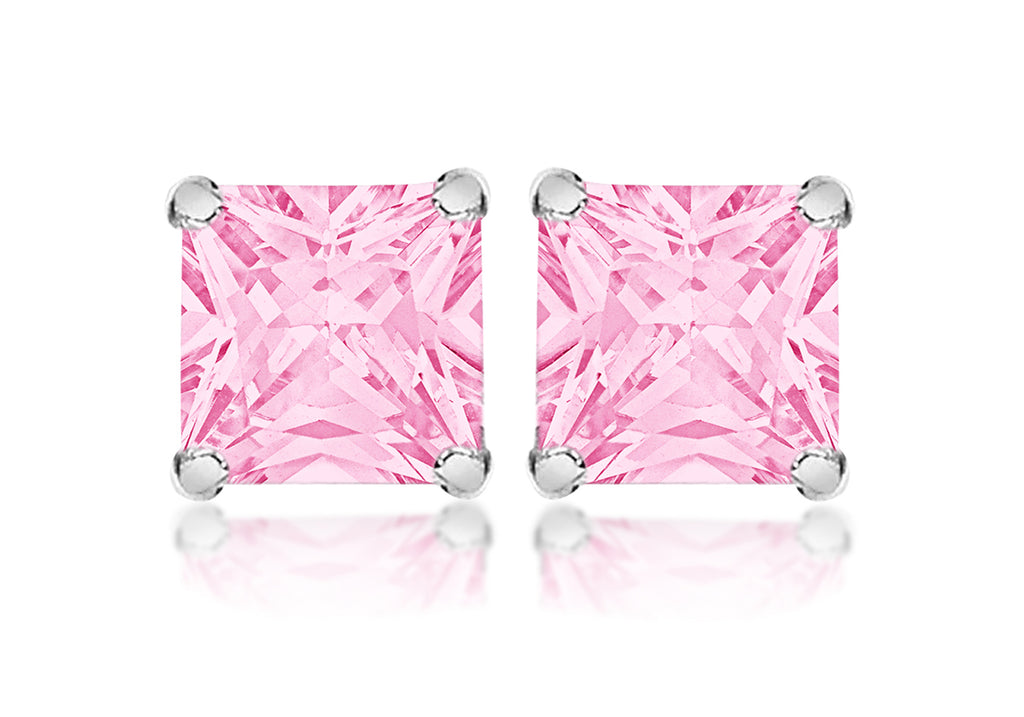 Sterling Silver Square Pink Stone Set Earrings