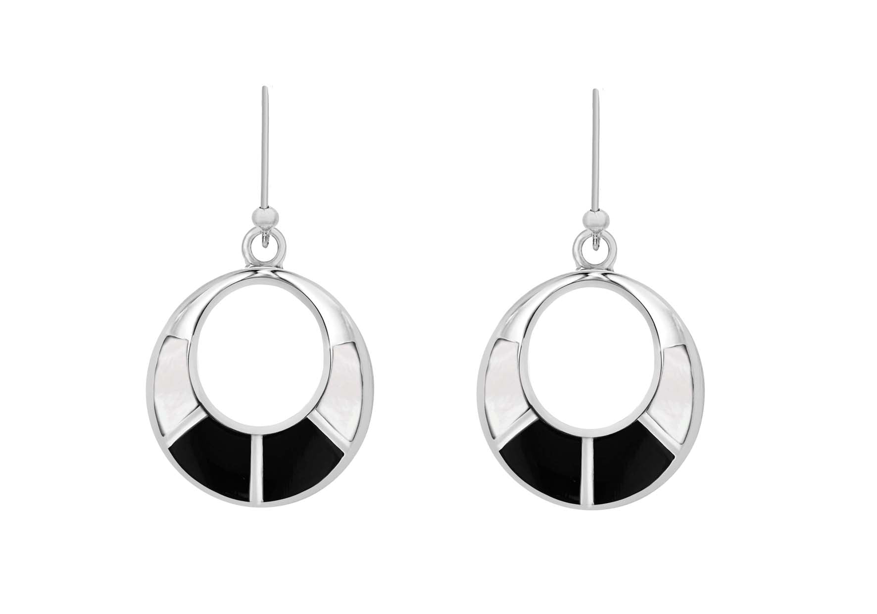 Sterling Silver Mother of Pearl and Onyx CutoCut Drop Earrings