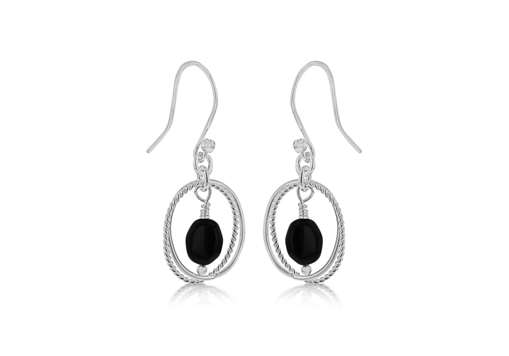 Sterling Silver Oval Black Stone Earrings