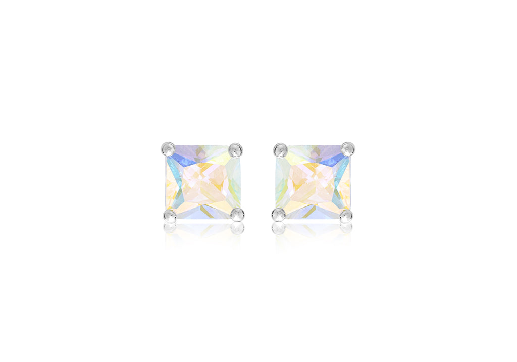 Sterling Silver 8mm x 8mm Square Aurora Borealis Zirconia  Stud Earrings