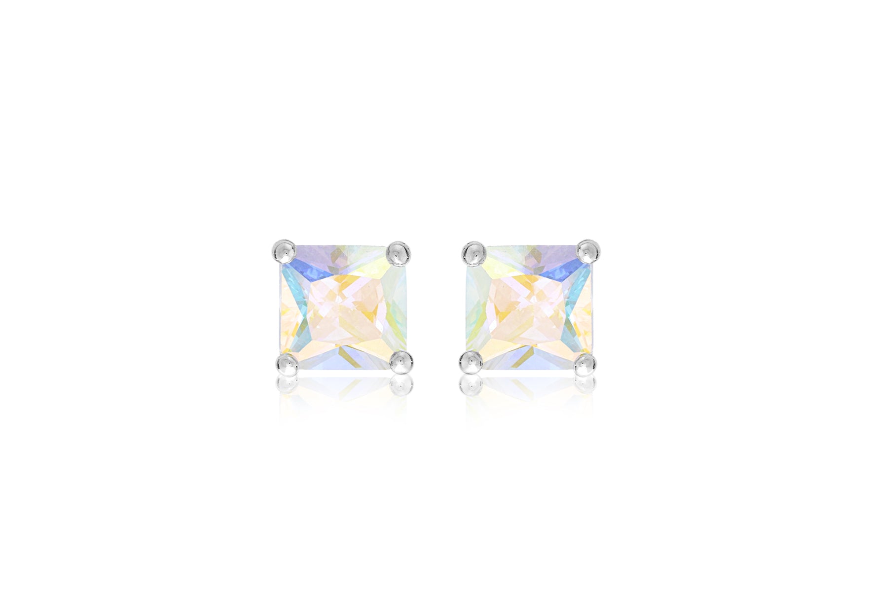 Sterling Silver 8mm x 8mm Square Aurora Borealis Zirconia  Stud Earrings