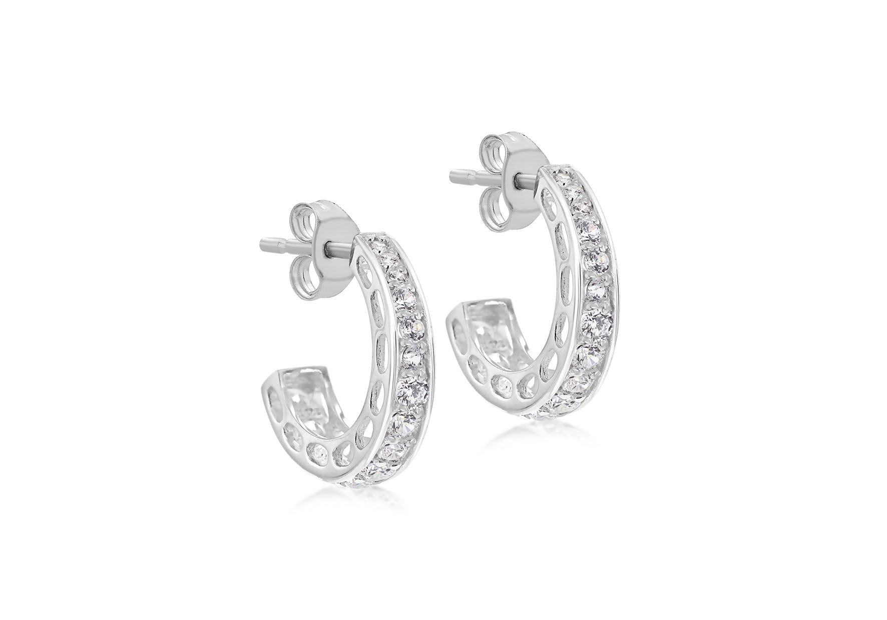 Sterling Silver Zirconia  Stone Set Graduated Half Hoop Earrings