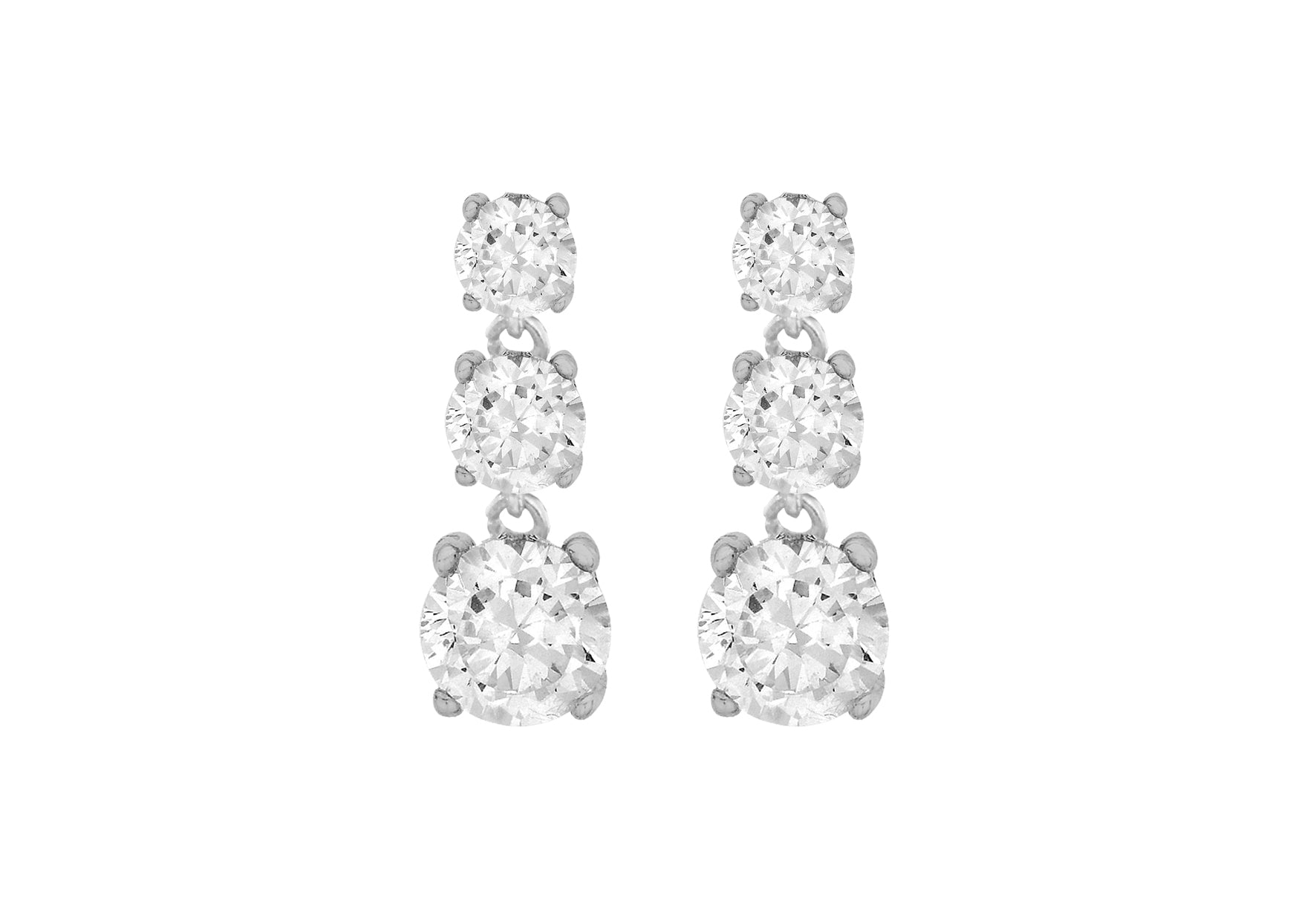Sterling Silver Rhodium Plated White Triple-Zirconia Drop Earrings