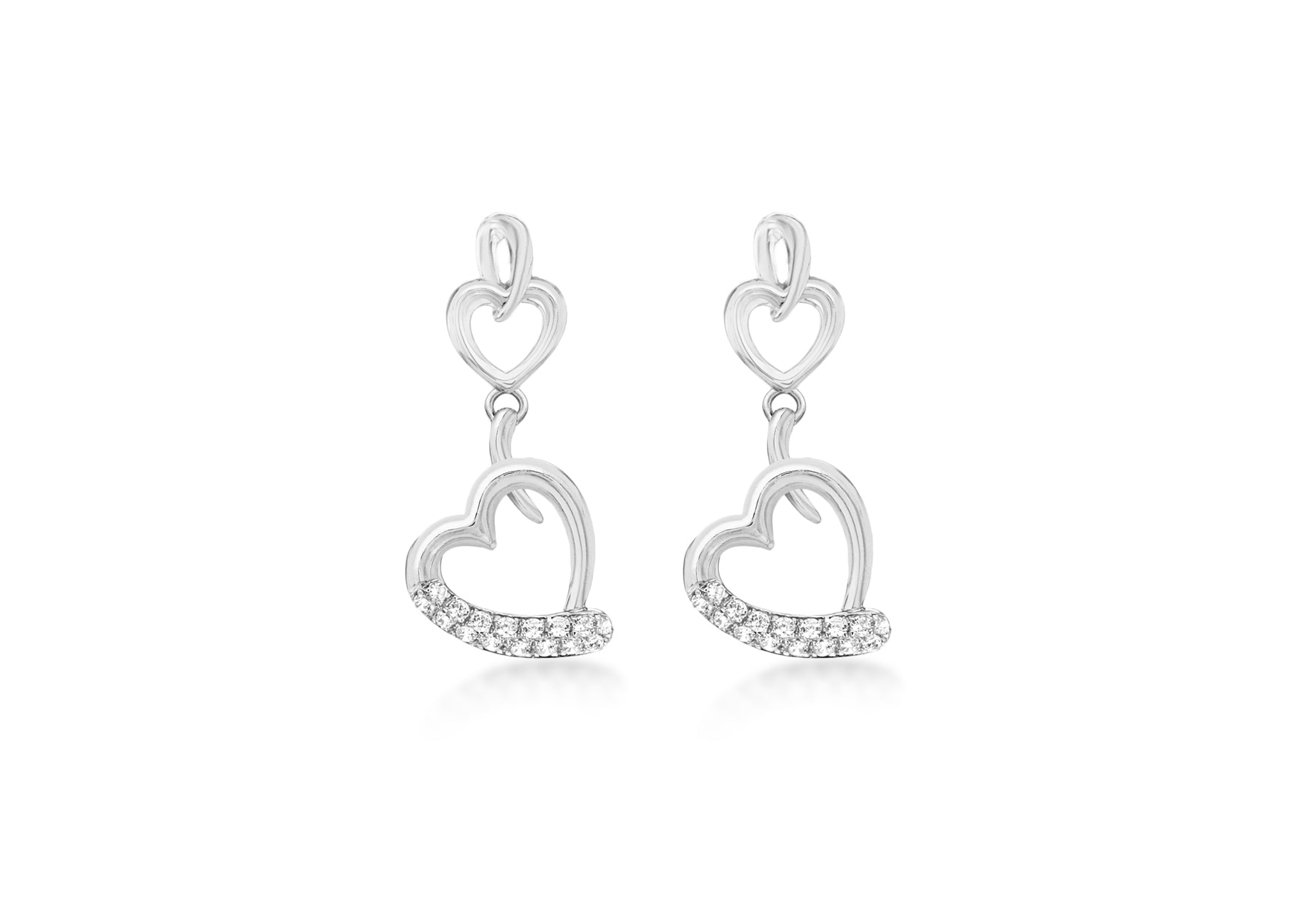 Sterling Silver Rhodium Plated Zirconia  Double-Heart Drop Earrings