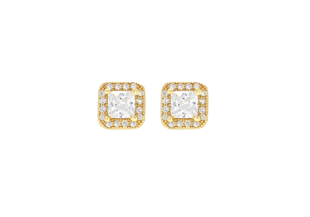 Sterling Silver Yellow Gold Plated Zirconia  Square Stud Earrings