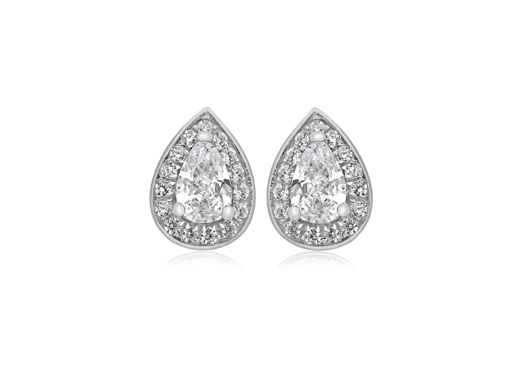 Sterling Silver Rhodium Plated White Zirconia  7.5mm x 10.5mm Teardrop Stud Earrings