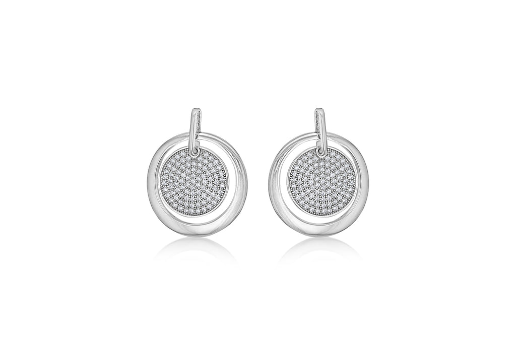 Sterling Silver Rhodium Plated Zirconia  Stone Set Disc Circle Drop Earrings