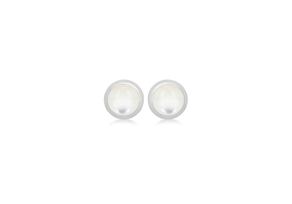 Sterling Silver White Cabochon Mother of Pearl June Birthstone Stud Earrings