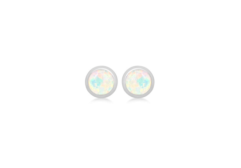 Sterling Silver White Cabochon Synthetic Opal Otober Birthstone Stud Earrings