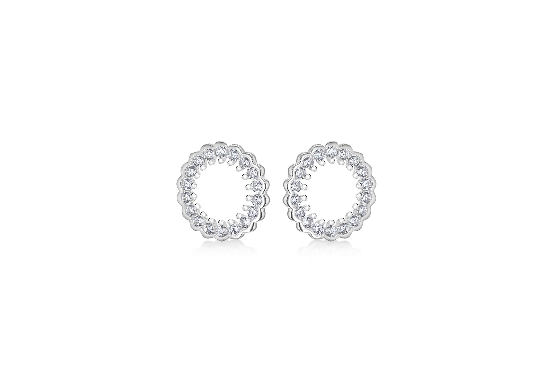 Sterling Silver Rhodium Plated Zirconia  Claw and Rubover 11mm Circle Stud Earrings